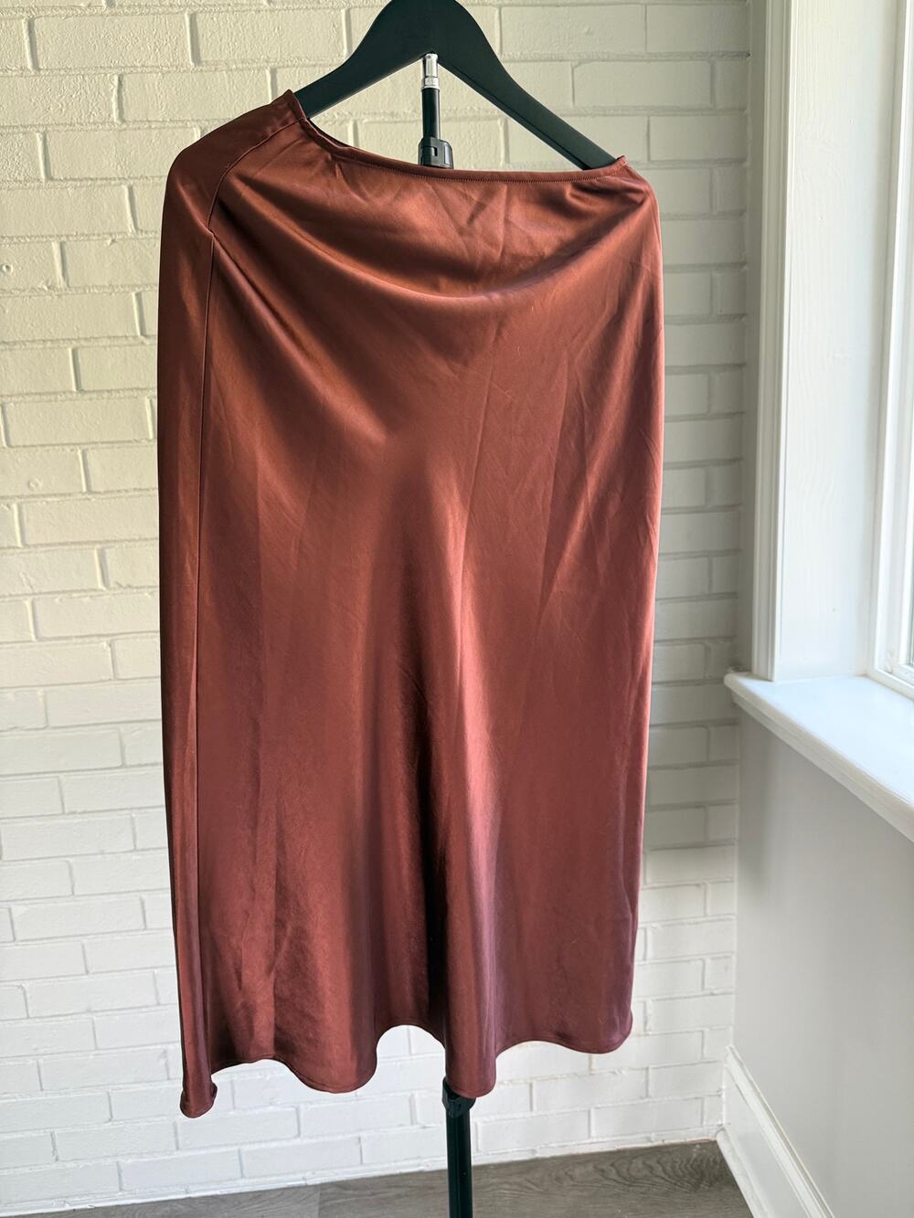 Altar'd State Terracotta Satin Slip Midi Skirt Small Side Slit Bias Cut